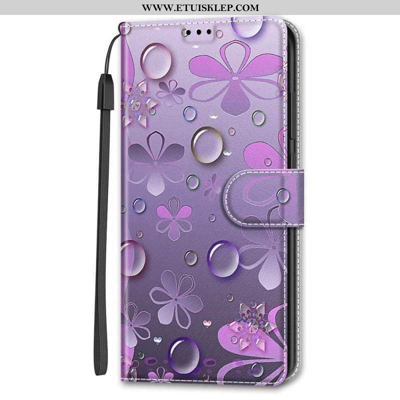 Etui Folio do Samsung Galaxy S22 Ultra 5G Krople Wody Ze Smyczą